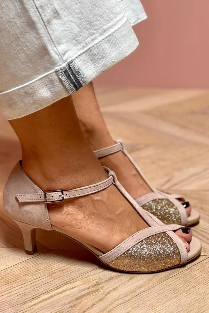 SANDALO CON GLITTER E TACCO BASSO